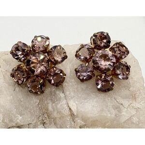 Vintage Flower Floral Gold Tone Pink Purple‎ Rhinestone Clip On Earrings 60s 70s